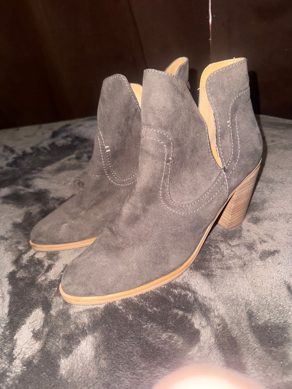 Express Gray Suede Ankle Boots with Stacked Heel